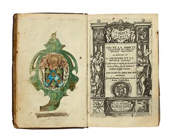 BIBLE IN FRENCH.  La Bible qui est Toute la Saincte Escriture du Vieil et Nouveau Testament [with Les Pseaumes de David].  1616